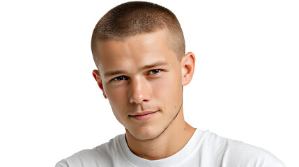 Young Man Portrait: Close-up portrait of a young man with short, light brown hair, conveying a serious yet approachable demeanor. His expression is neutral.