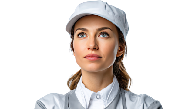 Focused Worker in White Cap: A young woman with light brown hair, wearing a white cap and collared shirt, gazes thoughtfully upward. Her expression is serious and contemplative.