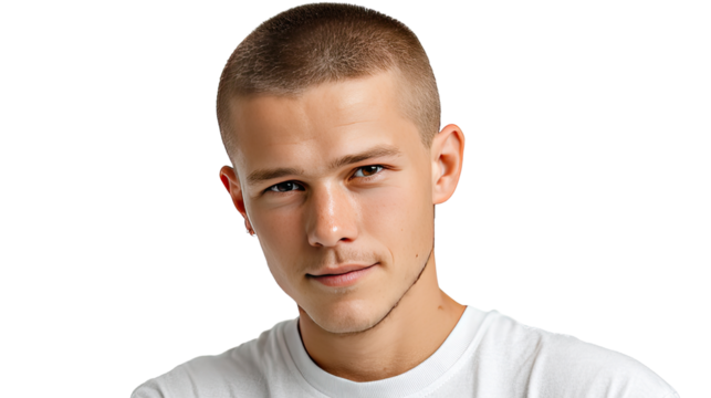 Young Man Portrait: Close-up portrait of a young man with short, light brown hair, conveying a serious yet approachable demeanor. His expression is neutral.