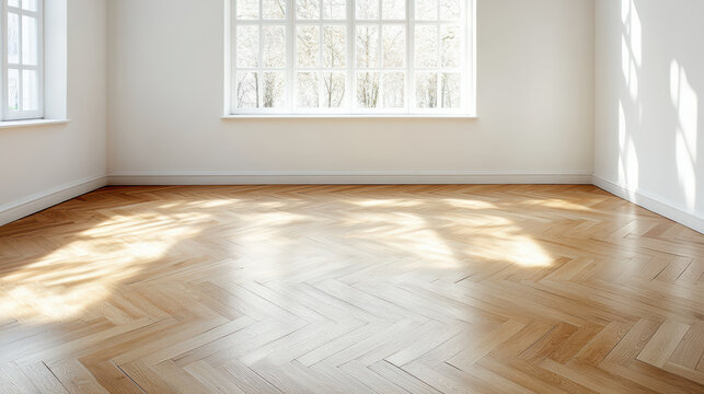 Bright room with herringbone parquet floor and soft shadows from windows