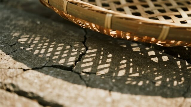 Bamboo Basket Casting Geometric Shadows on Cracked Earth