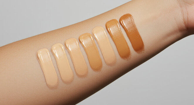 Human Arm Displaying A Range Of Foundation Swatches In Varying Shades Against A Neutral Background