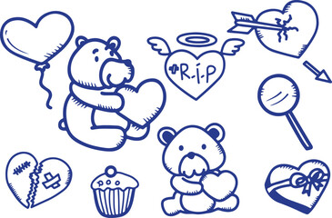  Sad Teddy Bear Grave Doodle Vector | RIP, Emotion, Cute Plush Toy, Loss Symbol, Blue Line Art