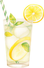 A glass of lemonade with lemon slices and ice, painted in watercolor. Refreshing design for summer and drink themes.
