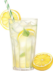 A glass of lemonade with lemon slices and ice, painted in watercolor. Refreshing design for summer and drink themes.