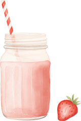 A pink strawberry smoothie in a glass with garnish. Watercolor illustration suitable for summer dessert and drink design.
