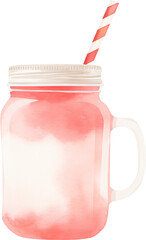 A pink strawberry smoothie in a glass with garnish. Watercolor illustration suitable for summer dessert and drink design.
