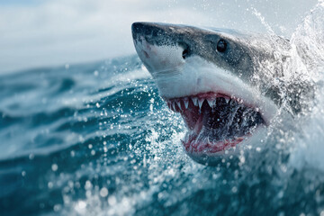 Obraz premium Dramatic shark emerging from the ocean surface with open jaws, displaying sharp teeth in a powerful action scene
