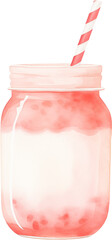 A pink strawberry smoothie in a glass with garnish. Watercolor illustration suitable for summer dessert and drink design.