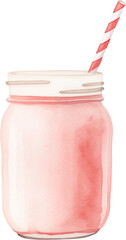 A pink strawberry smoothie in a glass with garnish. Watercolor illustration suitable for summer dessert and drink design.