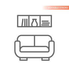 Sofa or couch with shelves line icon. Home interior furniture store, book shelf or bookshelf vector.