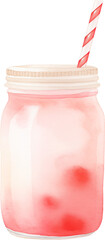A pink strawberry smoothie in a glass with garnish. Watercolor illustration suitable for summer dessert and drink design.