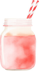 A pink strawberry smoothie in a glass with garnish. Watercolor illustration suitable for summer dessert and drink design.