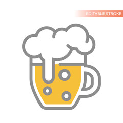 Beer krug or stein mug line vector icon. Beer glass colorful tankard with foam and yellow liquid.