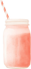 A pink strawberry smoothie in a glass with garnish. Watercolor illustration suitable for summer dessert and drink design.