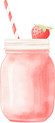 A pink strawberry smoothie in a glass with garnish. Watercolor illustration suitable for summer dessert and drink design.