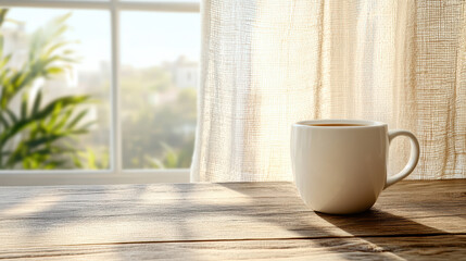 Serene coffee cup sits on wooden table, illuminated by soft sunlight through sheer curtains