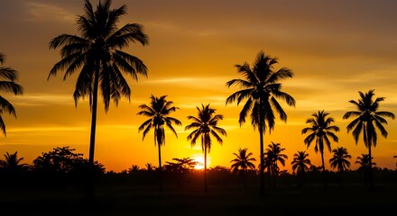 Silhouette of Palm Trees at Sunset Tropical Paradise Scene