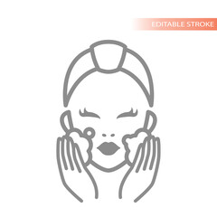 Face cleansing line vector icon. Face washing or cleaning, clean up with soap foam and pretty female with headband.