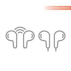 Wireless and wired earbuds line icon. Earphones, in ear buds or headphones with cable and wi fi vector.