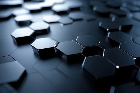 Close-up of black hexagonal shapes arranged on a dark surface. The geometric pattern creates a modern and sleek design, suitable for technology themes.