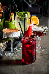 Colorful cocktails with unique garnishes are elegantly displayed on the bar counter