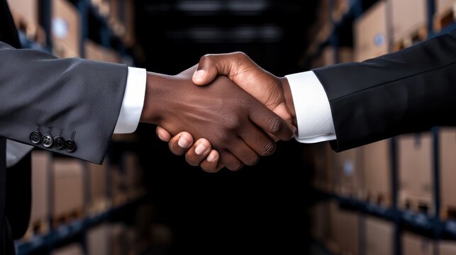 Professional Handshake in Warehouse Setting Symbolizing Business Partnership and Supply Chain Agreement - Powered by Adobe