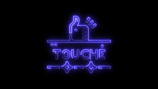 Animated neon touche text with thumbs up icon on dark background glowing design