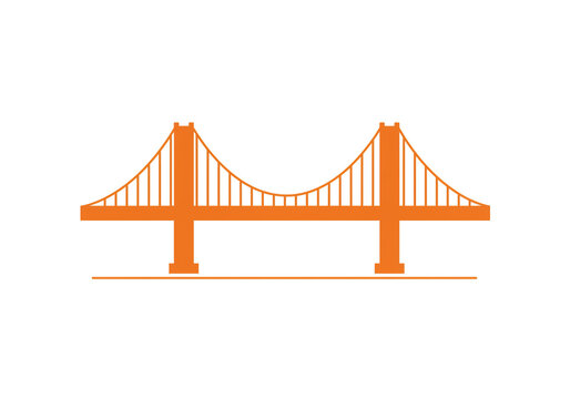 An orange bridge structure with suspension cables on a white background in a simple illustration