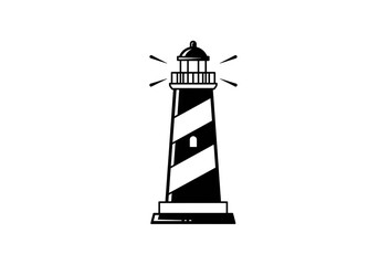 Simple black and white lighthouse illustration with stripes and light rays shining from the top