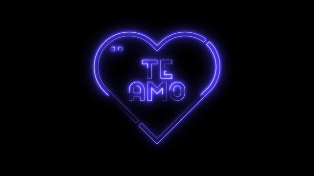 Neon heart with te amo text animation on black background romantic expression love declaration