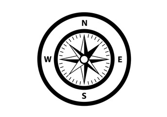 A black and white compass rose with the cardinal directions labeled inside of two concentric circles