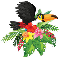 Fototapeta premium Tropical Toucan with Exotic Floral Arrangement