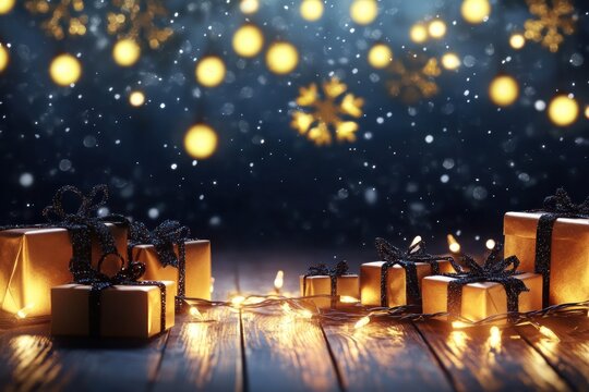 Horizontal Xmas poster featuring glowing lights garland, black snowflake accents, glittery gold confetti, and wrapped presents