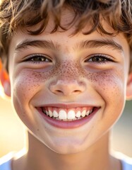 Happy Little Boy Close-Up Face Portrait with Freckles Smiling Cheerfully