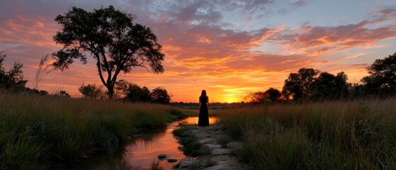 Woman at sunset by a river