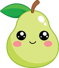 Vector Illustration of a Kawaii Style Pear Character with Cute Big Eyes and Happy Smile