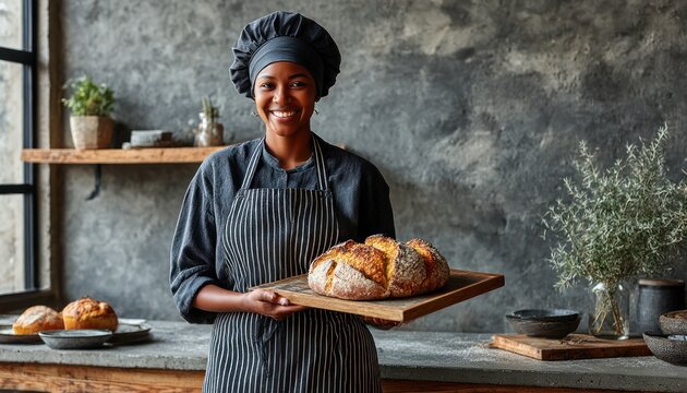 Woman baker holding freshly baked bread - Powered by Adobe