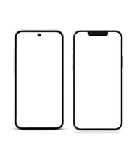 Smartphone mockup set with blank white screen, detailed mobile phone mockups, black models smartphone template front view, model 3D mobile phone, ui, ux, cellphone frame - vector

