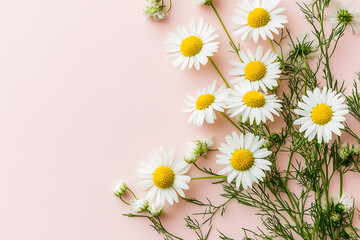 beautiful white daisy and chamomile flowers with delicate green foliage arranged on a soft pink background for natural aesthetics