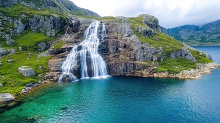 Fototapeta premium Majestic waterfall cascading down rocky cliff into serene turquoise lake, surrounded by lush