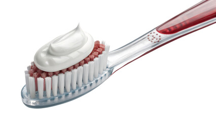 Close up of a toothbrush with white toothpaste on the bristles on transparent background