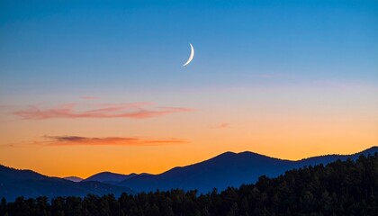 Fototapeta premium USA, New Mexico, Santa Fe – Jemez Mountains at Sunset with Crescent Moon in Sky