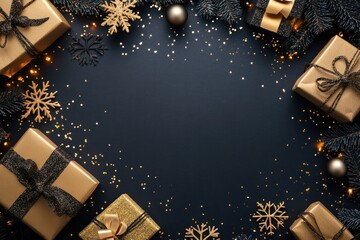 Holiday banner with twinkling garland lights, black snowflake motifs, realistic gifts, and glittery gold confetti, horizontal layout