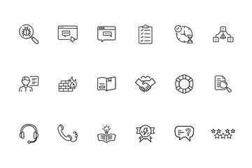 Fototapeta premium Line icons representing customer service web support including bug search, chat, help desk elements