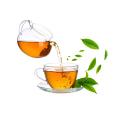 Hot herbal tea with lemon and mint in a transparent glass cup