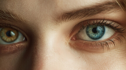 Obraz premium Extreme close-up of heterochromia eyes, unique human gaze, one eye blue, one eye brown, detailed iris texture, intense look, natural portrait, striking and rare feature.