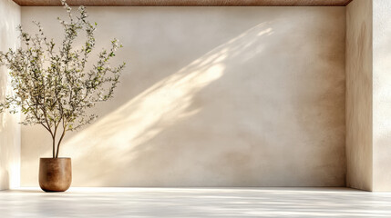 Serene interior scene featuring minimalist design with potted plant casting soft shadows