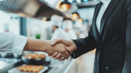 Handshake between a chef and a business person in a commercial kitchen, representing partnership and collaboration in the food industry.