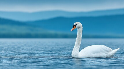 Fototapeta premium Elegant white swan gracefully gliding on tranquil water.